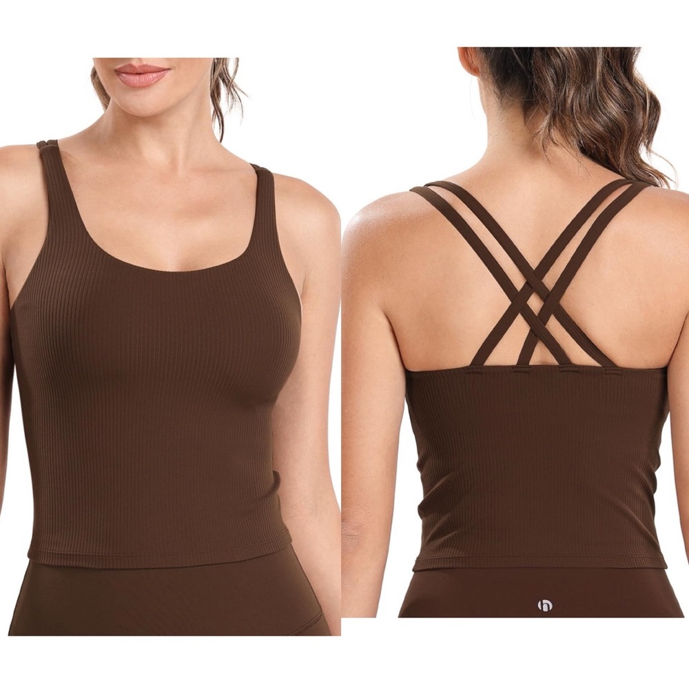 🔥Women's Brown Ribbed Tank Top with built in bra & pads. Size M